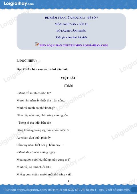 Đề thi giữa kì 2 Văn 11 Cánh diều - Đề số 7